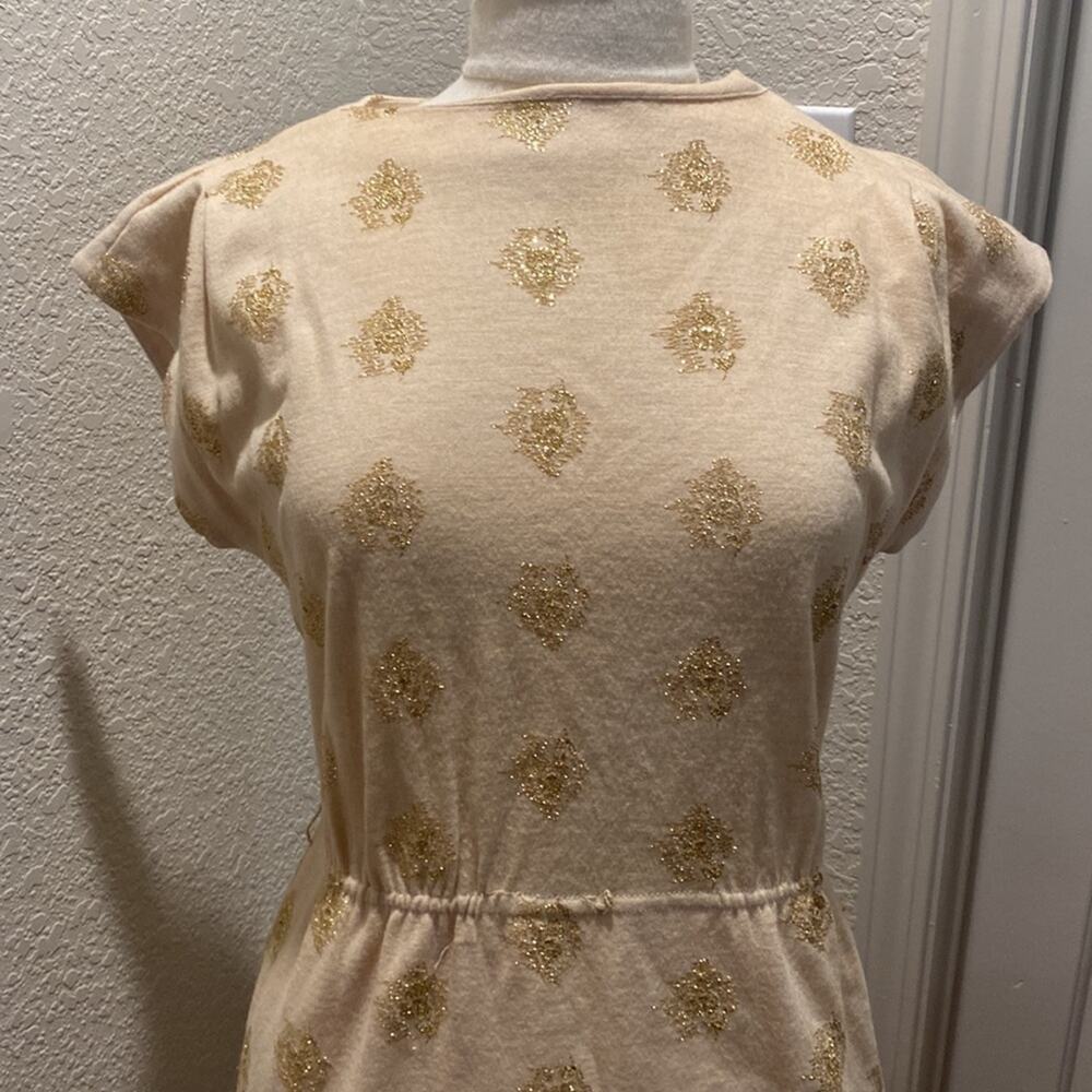 R & K Originals Vintage Short Cap Sleeve Midi Dress Tan & Gold Threaded Sz Small - Picture 2 of 11